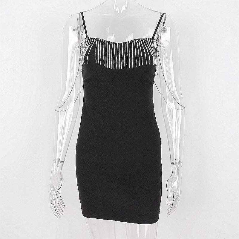 Metal Chain Zip-Up Sweetheart Neck Cami Dress with Tassels - Y2K Grunge & Coquette Aesthetic