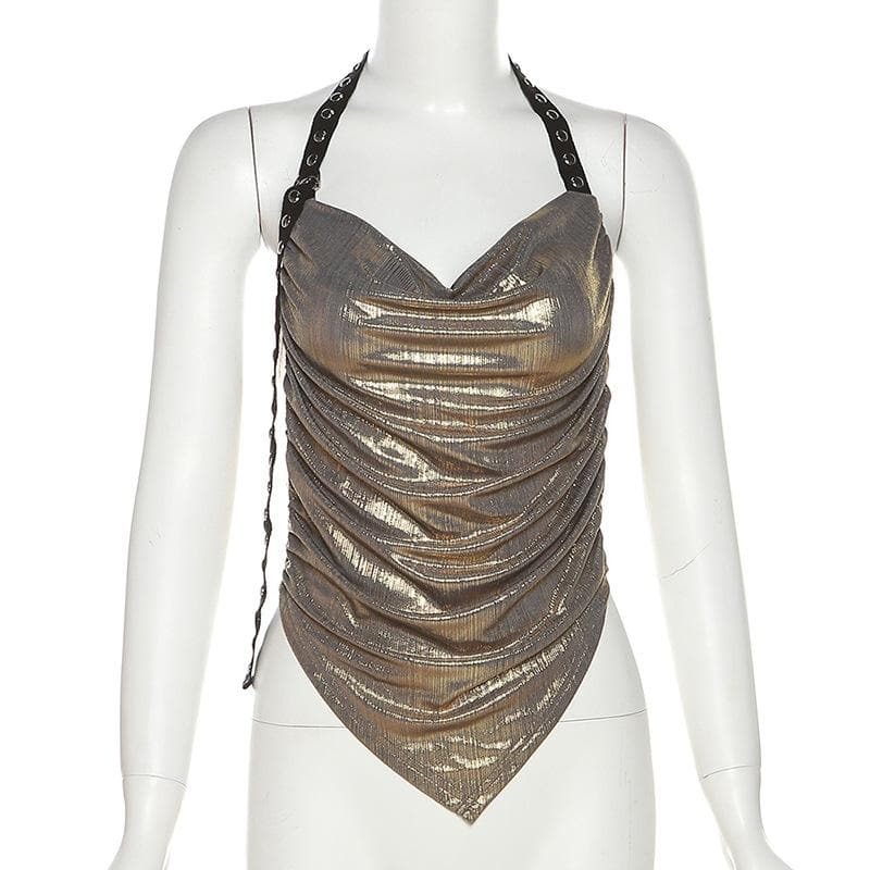 Metallic Backless Halter Top - Y2K Fashion, Coquette Aesthetic, Cute Crop Top