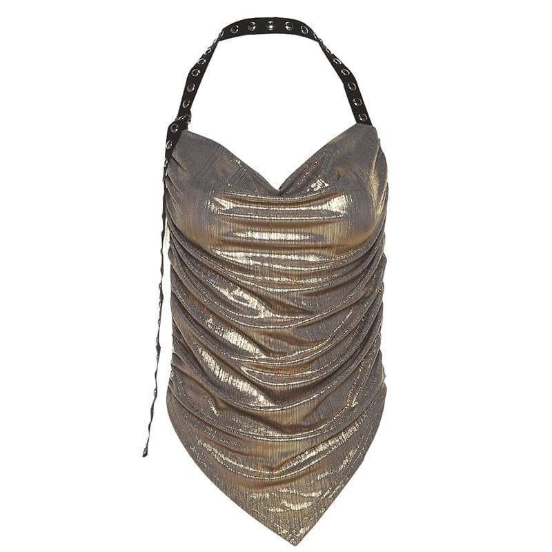 Metallic Backless Halter Top - Y2K Fashion, Coquette Aesthetic, Cute Crop Top
