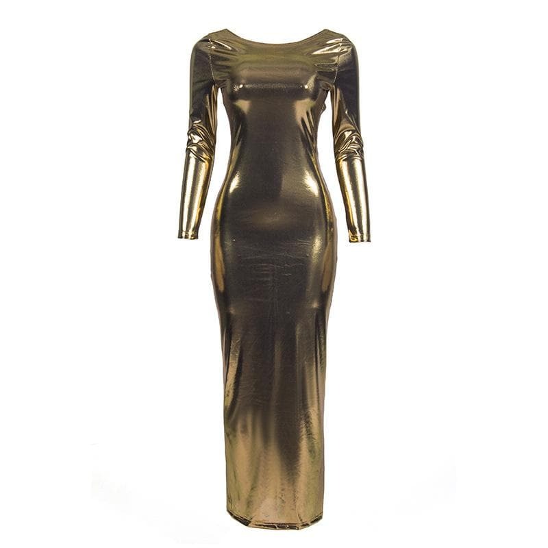 Metallic Backless Ruched Maxi Dress - Y2K Fashion, Coquette Aesthetic, Grunge Style