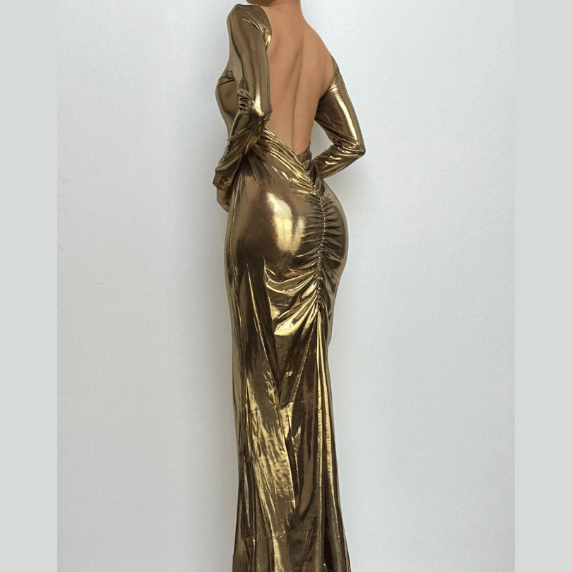 Metallic Backless Ruched Maxi Dress - Y2K Fashion, Coquette Aesthetic, Grunge Style