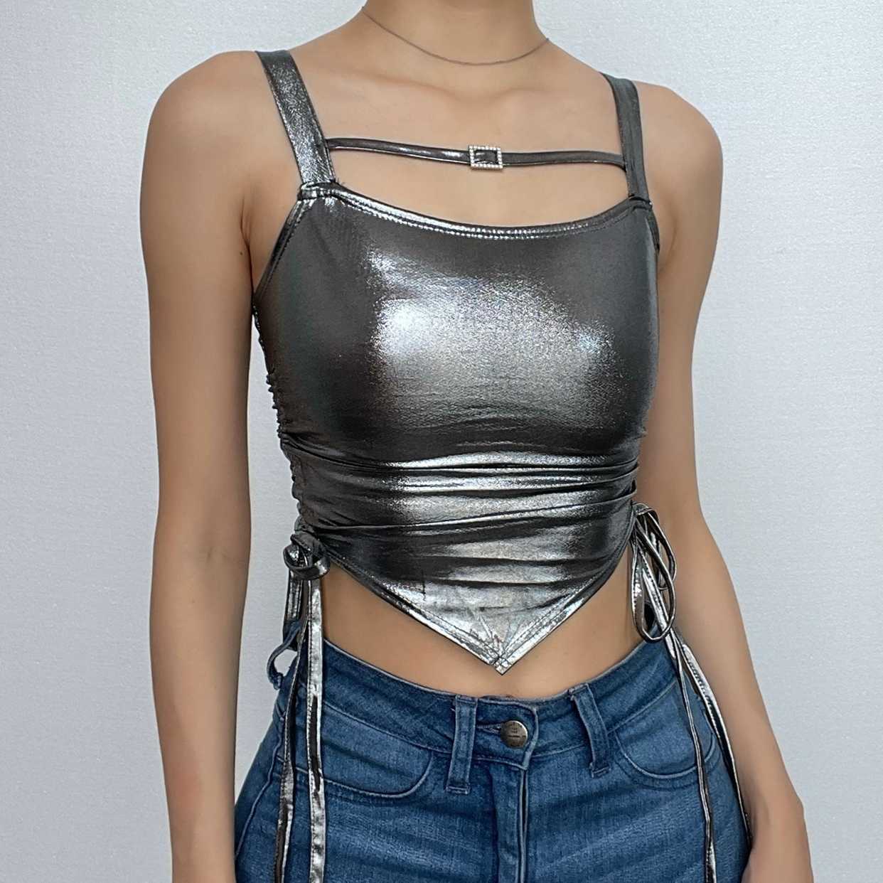 Metallic Buckle Cross Back Drawstring Backless Crop Top - Y2K Grunge & Coquette Aesthetic