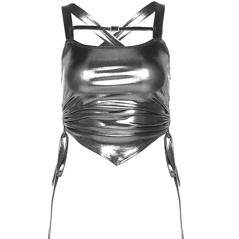 Metallic Buckle Cross Back Drawstring Backless Crop Top - Y2K Grunge & Coquette Aesthetic