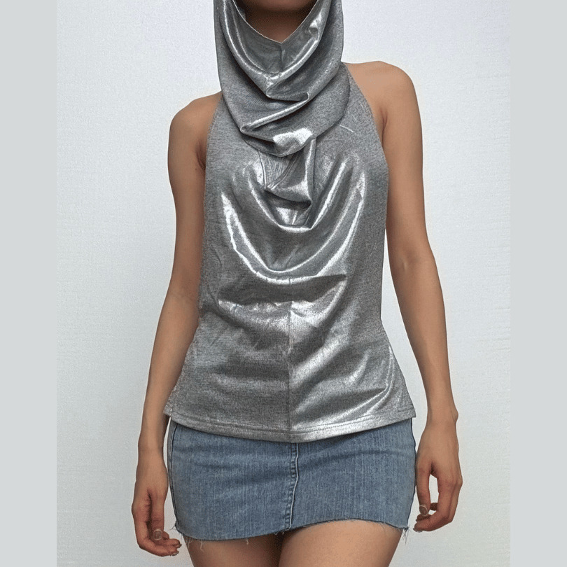 Metallic Chain Cowl Neck Ruched Backless Hoodie - Y2K Grunge Aesthetic Cute Top