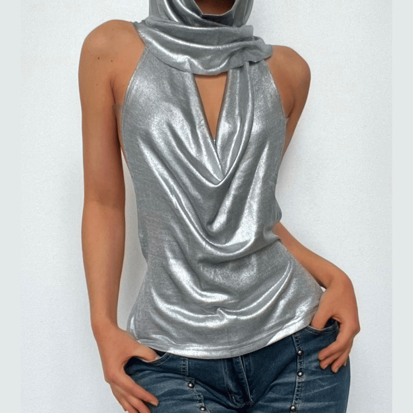 Metallic Chain Cowl Neck Ruched Backless Hoodie - Y2K Grunge Aesthetic Cute Top