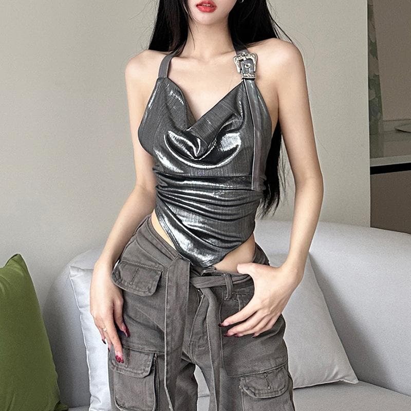 Metallic Cowl Neck Buckle Halter Ruched Backless Top - Y2K Aesthetic Cute Crop Top