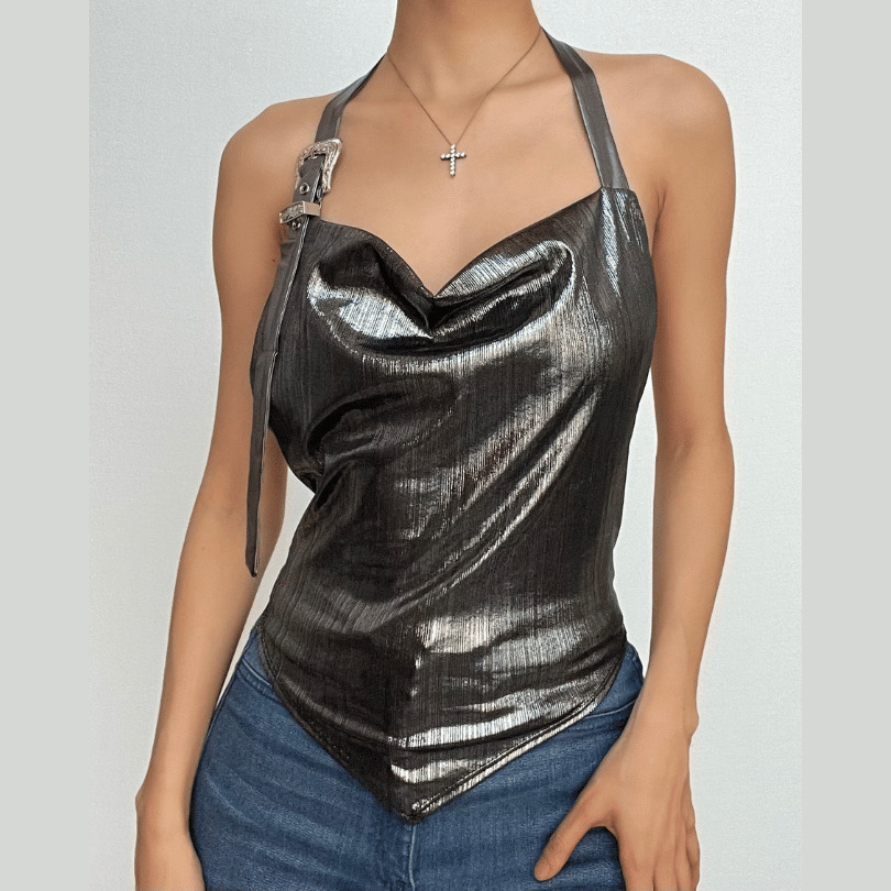 Metallic Cowl Neck Buckle Halter Ruched Backless Top - Y2K Aesthetic Cute Crop Top