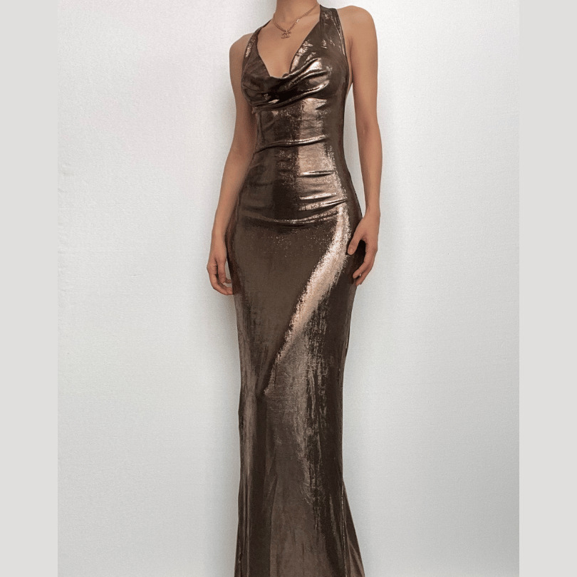 Metallic Cowl Neck Ruched Backless Maxi Dress - Y2K Aesthetic, Grunge Style, Coquette Vibes