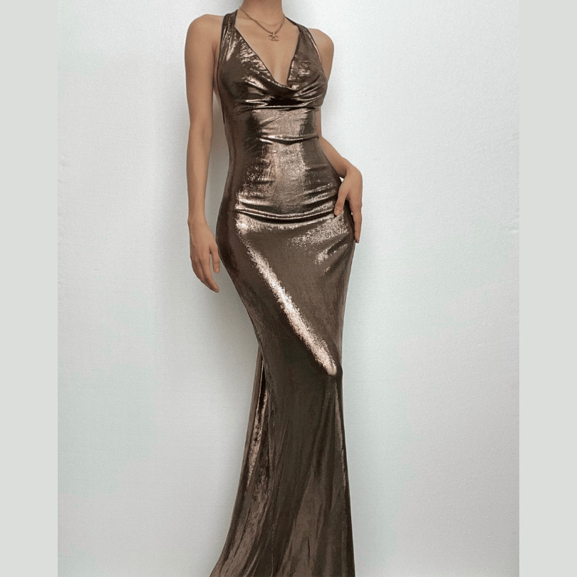 Metallic Cowl Neck Ruched Backless Maxi Dress - Y2K Aesthetic, Grunge Style, Coquette Vibes