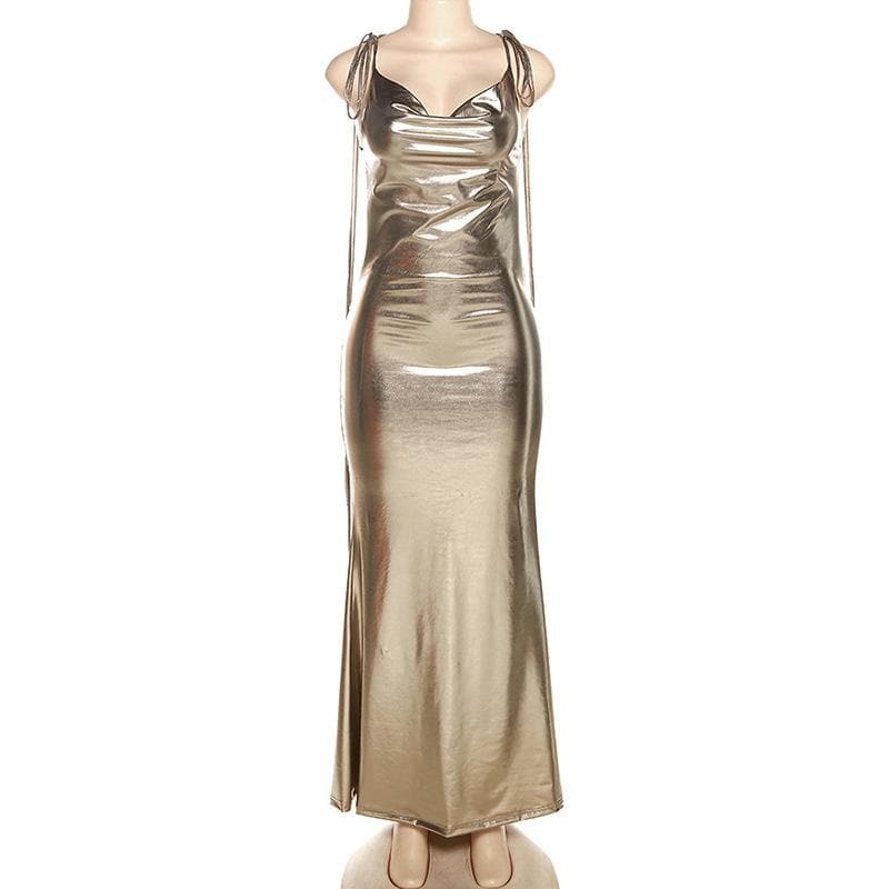 Metallic Cowl Neck Ruched Maxi Dress - Y2K Aesthetic, Coquette Style, and Grunge Vibes
