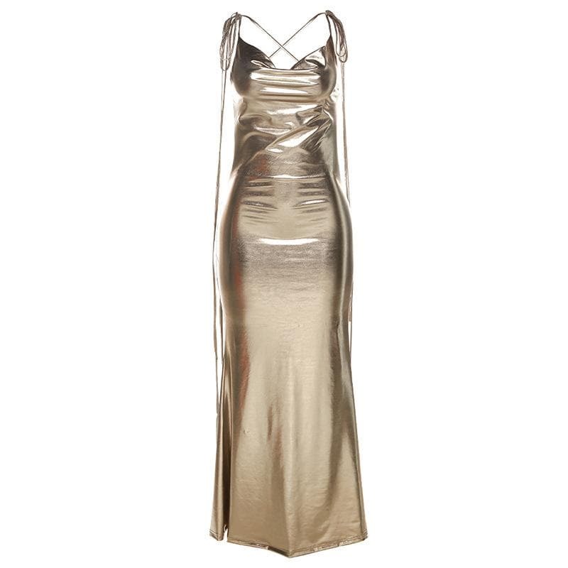 Metallic Cowl Neck Ruched Maxi Dress - Y2K Aesthetic, Coquette Style, and Grunge Vibes