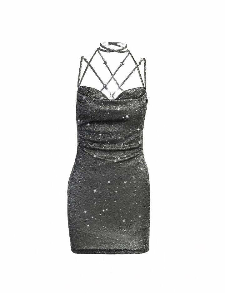 Metallic Crisscross Cami Mini Dress - Y2K Aesthetic, Cute Party Outfit, Grunge Style