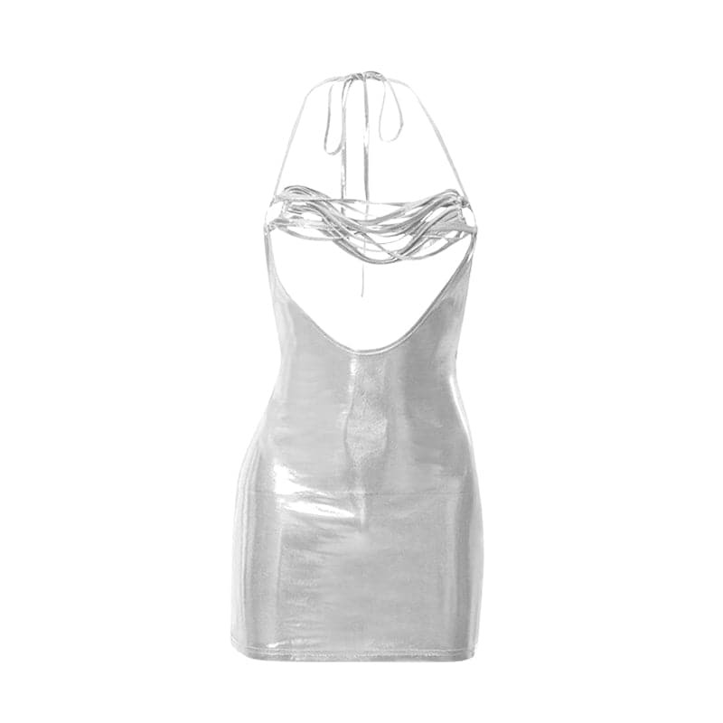 Metallic Cut-Out Mini Dress with Halter O-Ring & See-Through Back for Y2K & Grunge Aesthetic