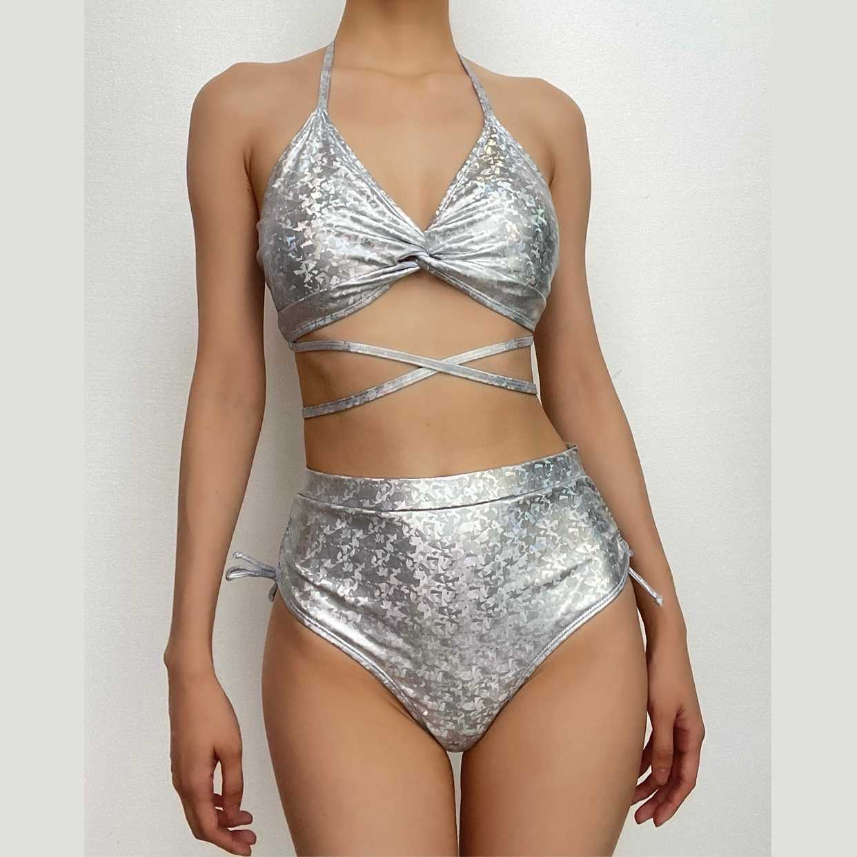Metallic Halter Backless Bikini Swimwear - Y2K Aesthetic, Cute & Comfy Summer Vibes