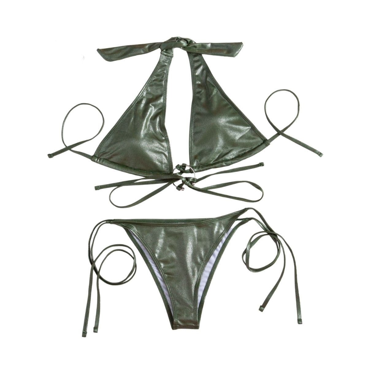 Metallic Halter Backless Bikini Swimwear with Self Tie & O Ring - Y2K Aesthetic Vibes