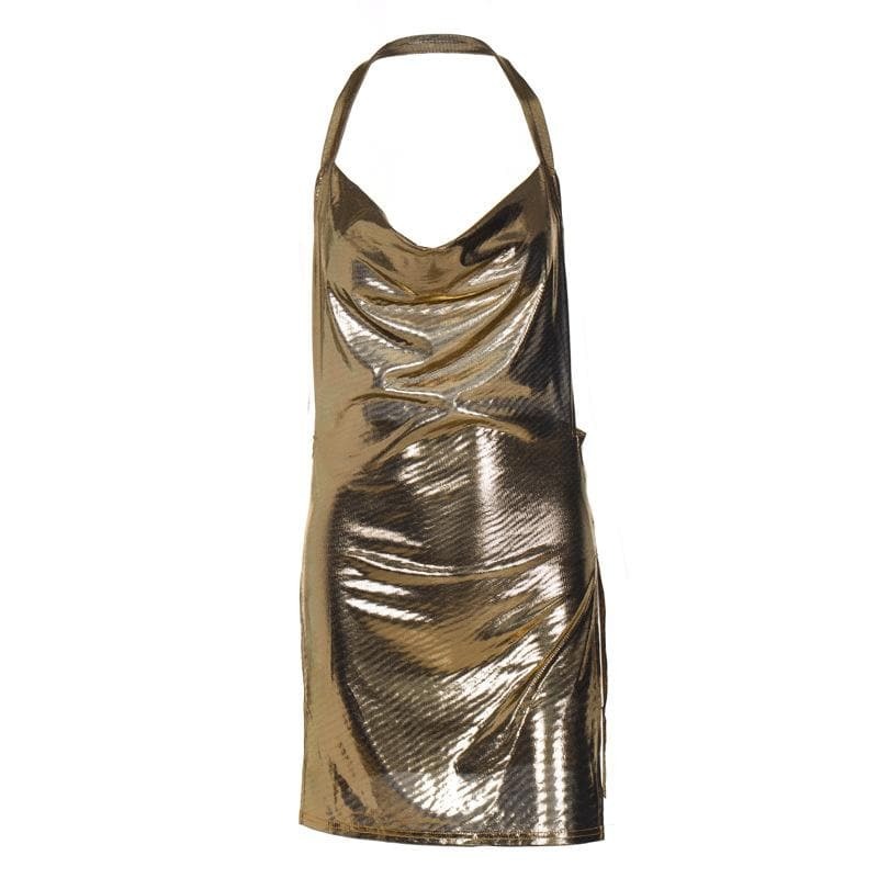 Metallic Halter Cowl Neck Backless Mini Dress - Y2K Aesthetic with High Slit Style