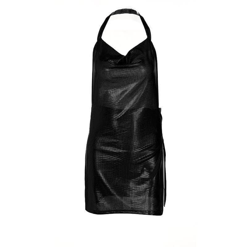 Metallic Halter Cowl Neck Backless Mini Dress - Y2K Aesthetic with High Slit Style