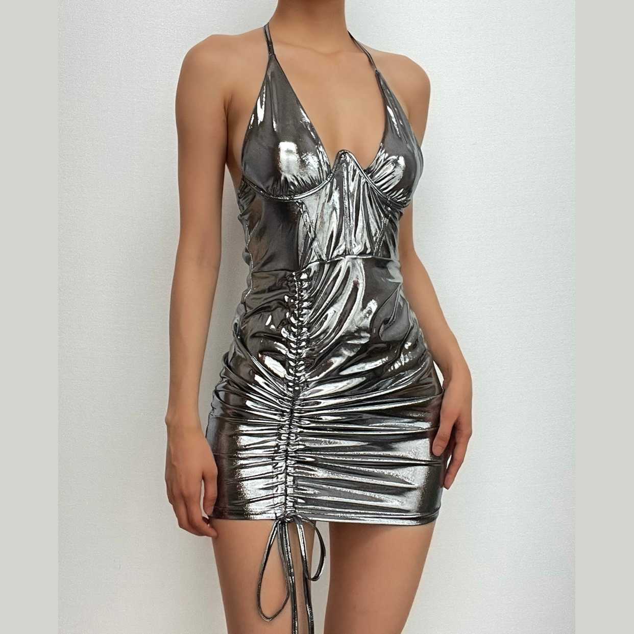 Metallic Halter Mini Dress with Cross Front Drawstring - Y2K & Coquette Aesthetic
