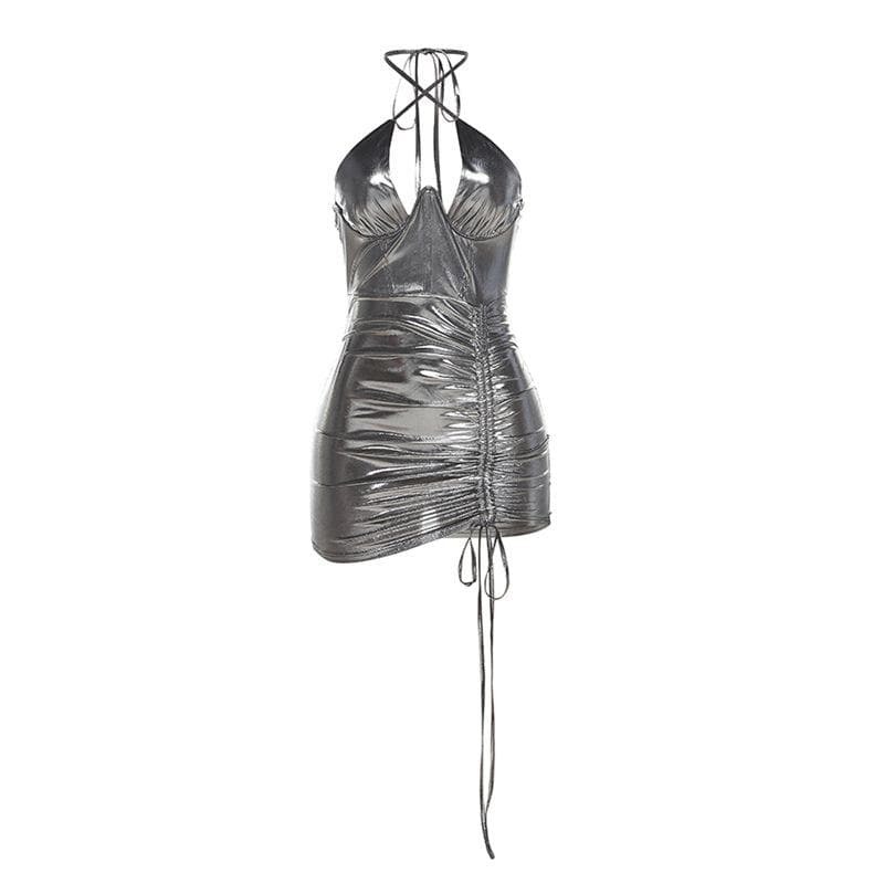 Metallic Halter Mini Dress with Cross Front Drawstring - Y2K & Coquette Aesthetic