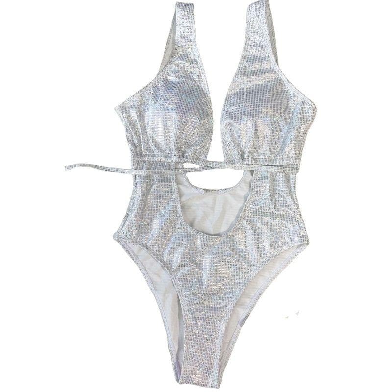 Metallic Hollow Out Padded One Piece Swimsuit - Y2K Aesthetic Swimwear for Trendy Looks