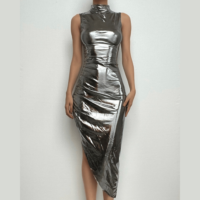 Metallic Irregular High Neck Sleeveless Ruched Midi Dress - Y2K Aesthetic Party Outfit