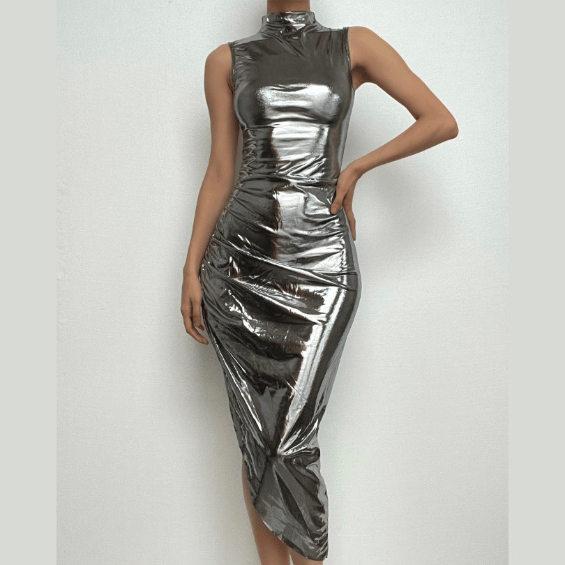 Metallic Irregular High Neck Sleeveless Ruched Midi Dress - Y2K Aesthetic Party Outfit