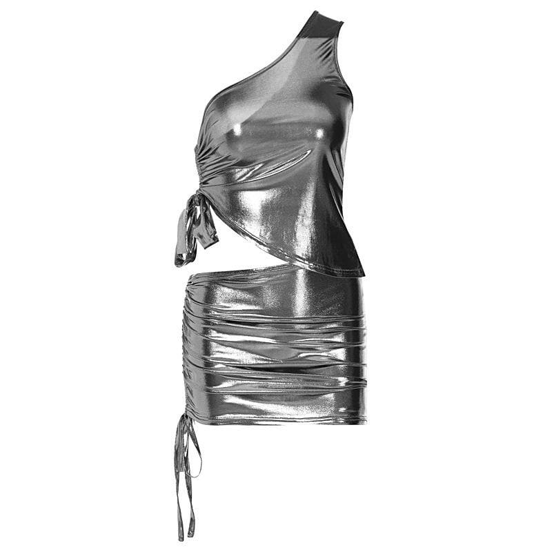 Metallic Irregular One Shoulder Mini Skirt Set - Y2K Aesthetic & Grunge Style Fusion