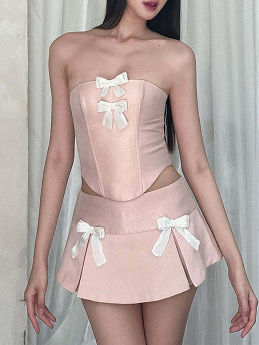 Off Shoulder Bowknot Bandeau Top & Pleated Mini Skirt Set - Y2K Coquette Aesthetic