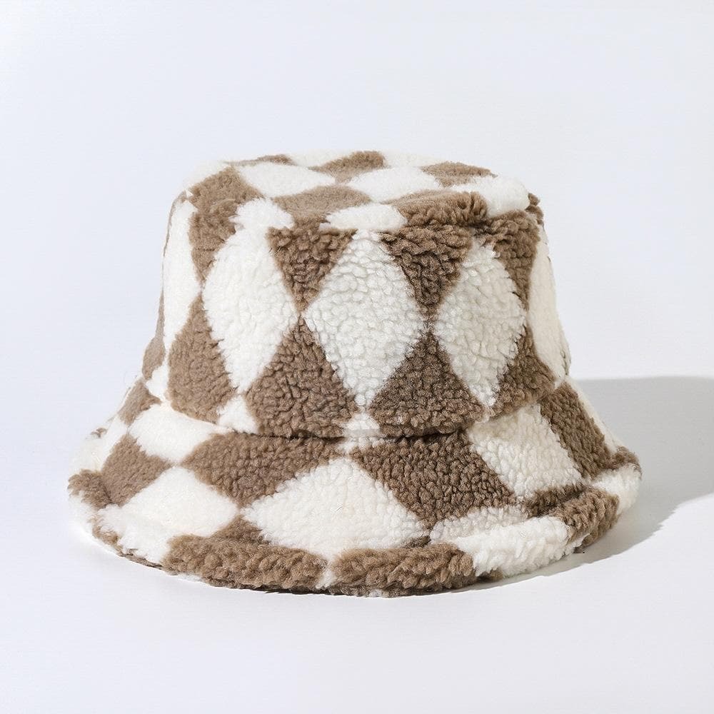 Plaid Contrast Fluffy Fisherman Bucket Hat - Y2K Aesthetic, Coquette Style, Cute Accessories