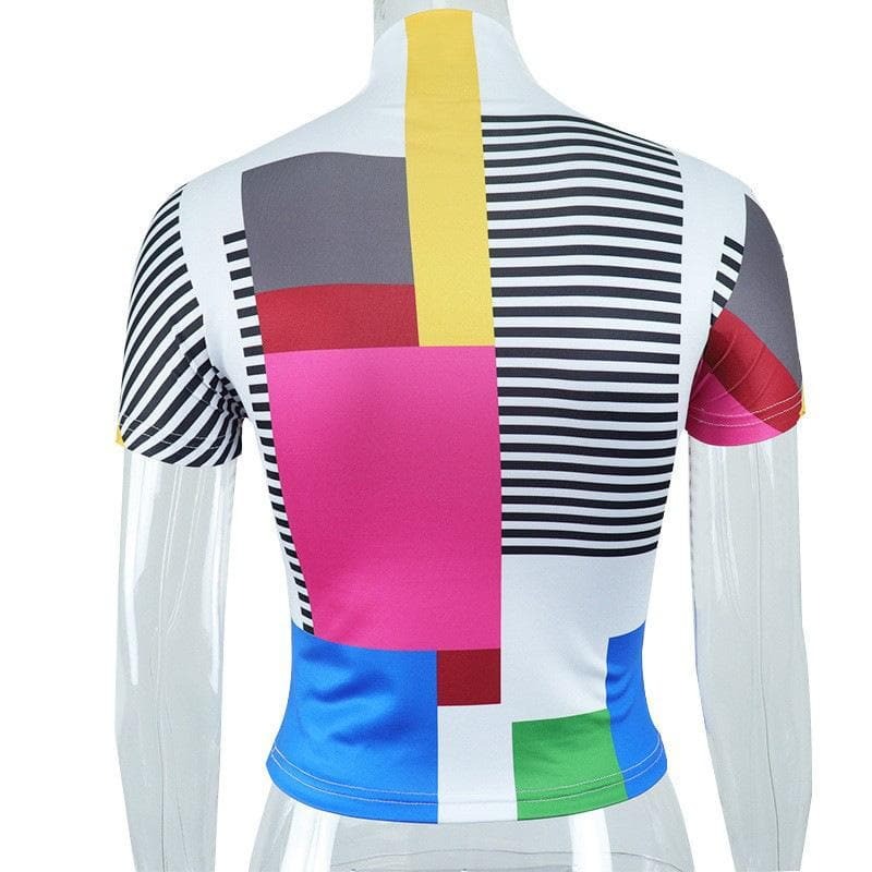Plaid Contrast Print High Neck Short Sleeve Top - Y2K Aesthetic Cute Crop Top