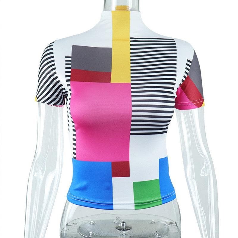 Plaid Contrast Print High Neck Short Sleeve Top - Y2K Aesthetic Cute Crop Top