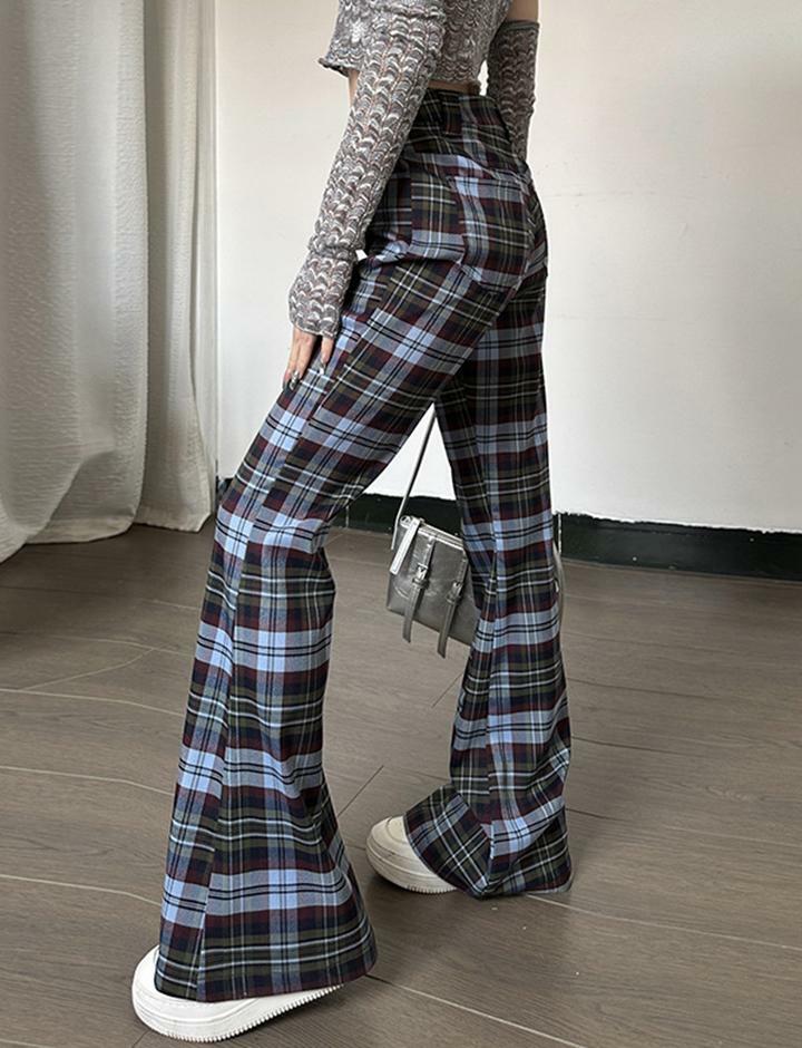 Plaid Print Low Rise Flare Pants - Y2K Aesthetic, Grunge Style, and Coquette Vibes