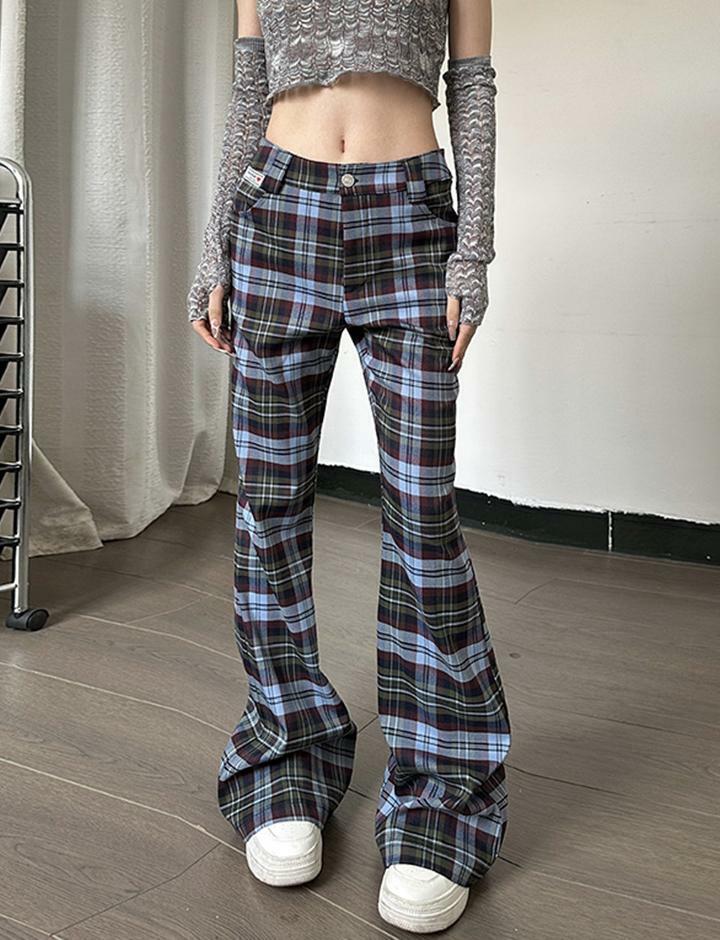 Plaid Print Low Rise Flare Pants - Y2K Aesthetic, Grunge Style, and Coquette Vibes