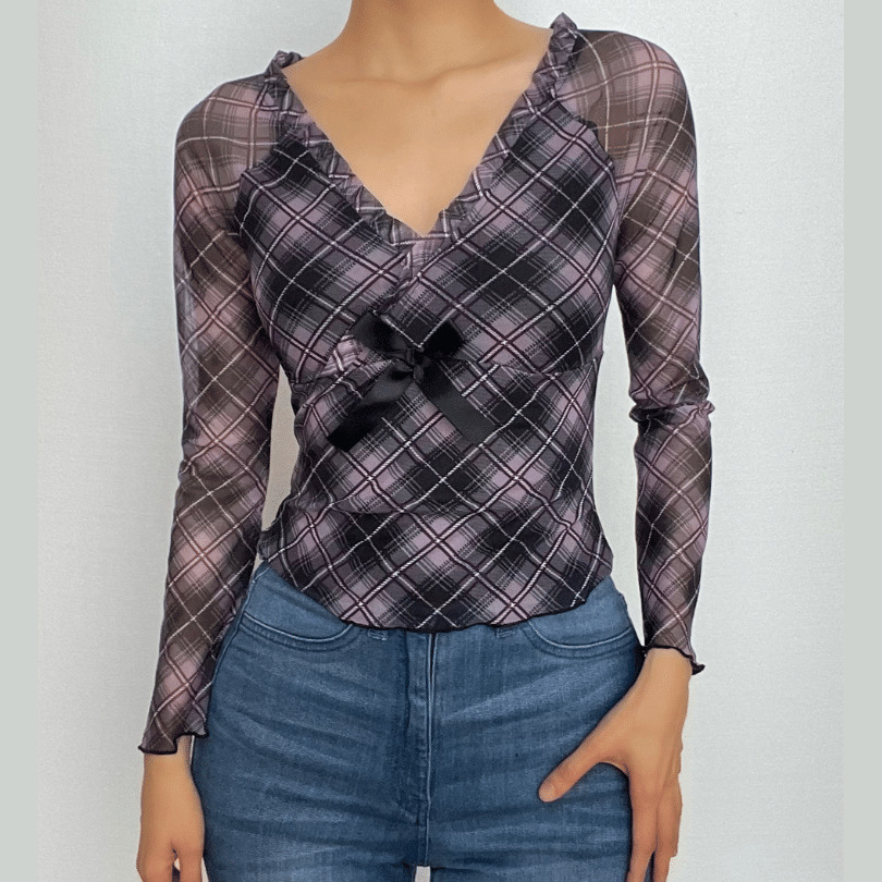Plaid Ruffle V-Neck Mesh Top - Y2K Aesthetic, Coquette Style, Cute Layering Essential