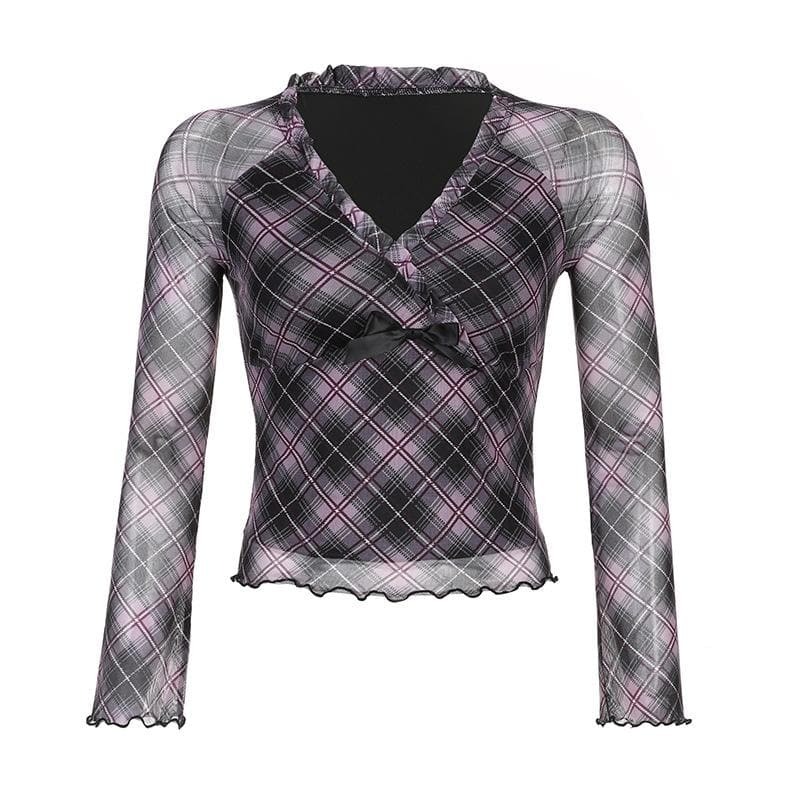 Plaid Ruffle V-Neck Mesh Top - Y2K Aesthetic, Coquette Style, Cute Layering Essential