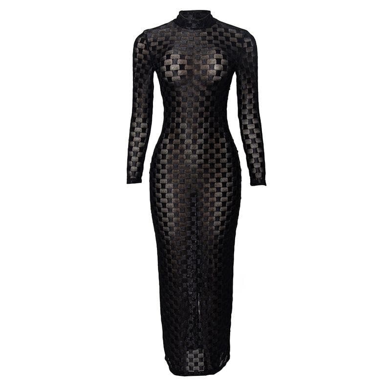 Plaid Sheer High Neck Long Sleeve Maxi Dress - Y2K Aesthetic & Coquette Style