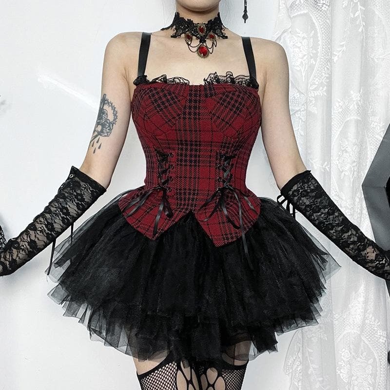 Plaid Sweetheart Neck Lace-Up Backless Cami Top - Y2K Coquette Aesthetic Cute Crop Top