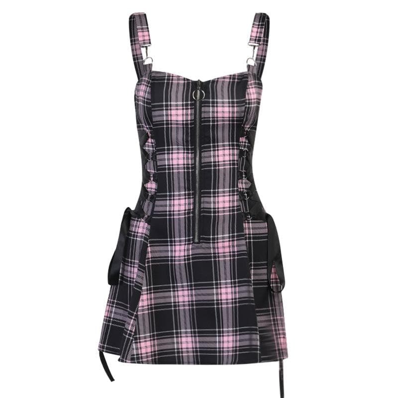 Plaid Zip-Up Backless Mini Dress with Lace-Up Detail - Y2K Coquette Aesthetic Fashion