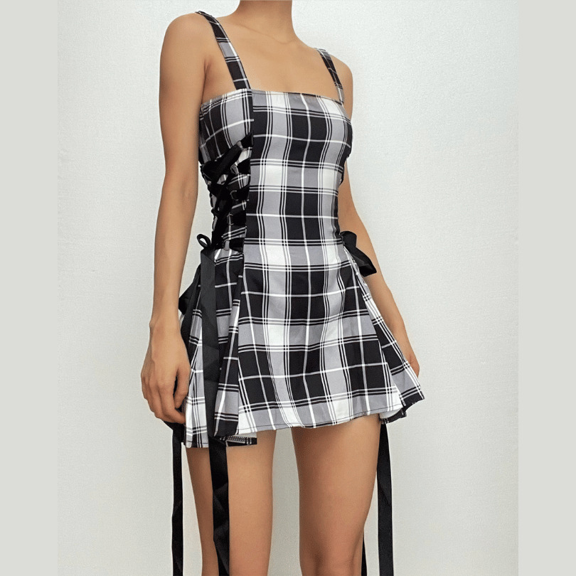 Plaid Zip-Up Backless Mini Dress with Lace-Up Detail - Y2K Coquette Aesthetic Fashion