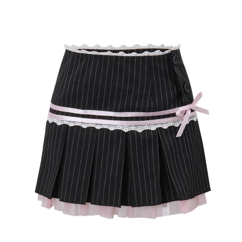 Pleated Striped Mini Skirt with Lace Hem and Bowknot - Y2K Coquette Aesthetic Fashion