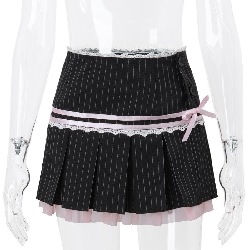 Pleated Striped Mini Skirt with Lace Hem and Bowknot - Y2K Coquette Aesthetic Fashion