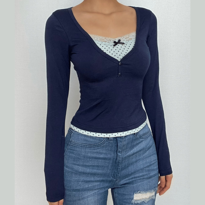 Polka Dot Patchwork Lace Hem Button Top - Y2K Aesthetic Cute Top for Coquette & Grunge Styles