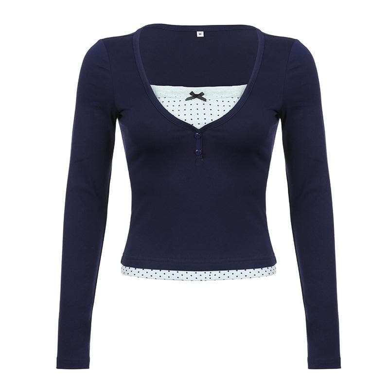 Polka Dot Patchwork Lace Hem Button Top - Y2K Aesthetic Cute Top for Coquette & Grunge Styles