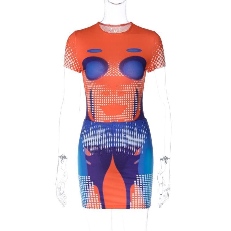 Polka Dot Thermal Contrast Short Sleeve Bodysuit & Mini Skirt Set - Y2K Coquette Aesthetic
