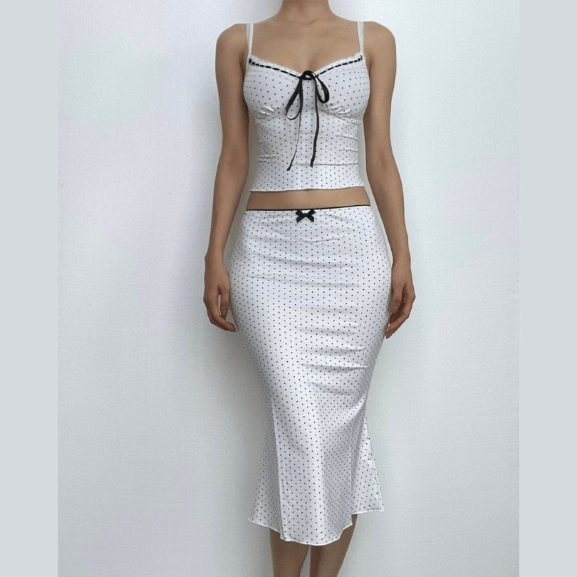 Polka Dot V-Neck Bowknot Lace Hem Midi Skirt Set - Y2K Coquette Aesthetic Outfit