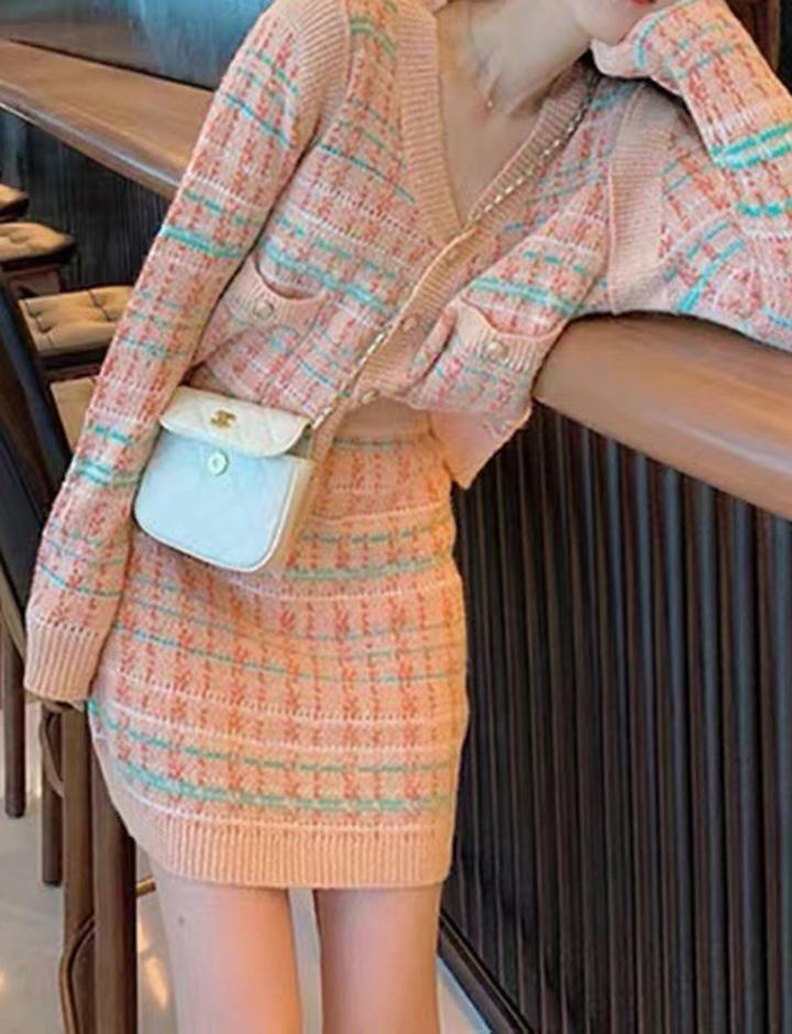 Powder Blue Plaid Wool Skirt Set - Y2K Aesthetic Coquette Style Two-Piece Outfit