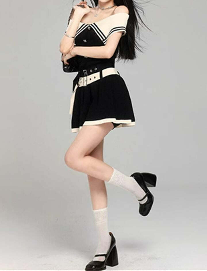 Preppy Off-Shoulder Black Dress with Navy Collar & Belt - Y2K Aesthetic Fashion