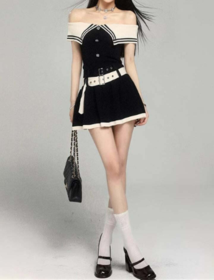 Preppy Off-Shoulder Black Dress with Navy Collar & Belt - Y2K Aesthetic Fashion