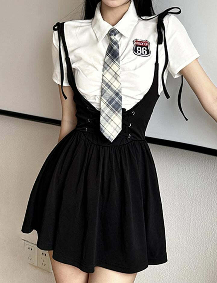 Preppy Puff Sleeve Pleated Dress Set with Waist Ties - Y2K Aesthetic Cute Outfit