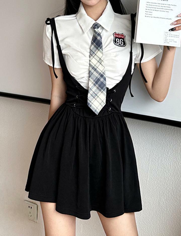 Preppy Puff Sleeve Pleated Dress Set with Waist Ties - Y2K Aesthetic Cute Outfit